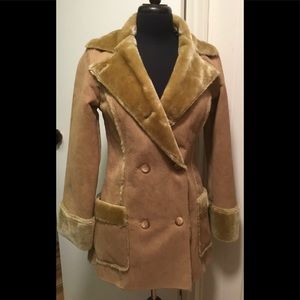 DKNY JEANS Tan Shearling Double-Breasted Pea Coat